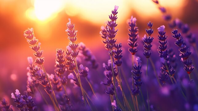 Blooming lavender fields in Provence basking in the warm glow of sunset. The vibrant purple hues of the lavender flowers create a picturesque landscape, complemented by the soft bokeh effect