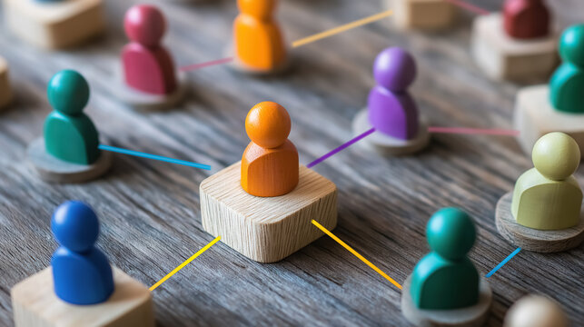 A wooden block with a customer focus group icon, represents data exchanges, data development, and customer service