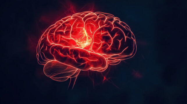 A brain projection with one section illuminated in red light, concept of neurosurgery 