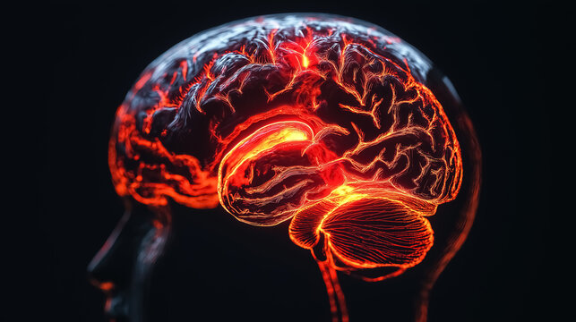 A brain projection with one section illuminated in red light, concept of neurosurgery 