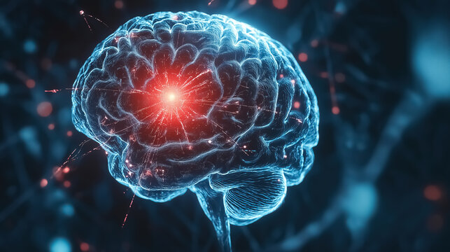 A brain projection with one section illuminated in red light, concept of neurosurgery 