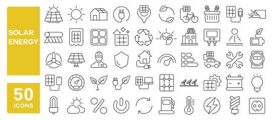 Set of 50 line icons related to solar energy, sun, power, renewable, photovoltaic, energy, cells, house, battery, ecology, panel, reusing, source, electricity, Editable stroke. Vector illustration