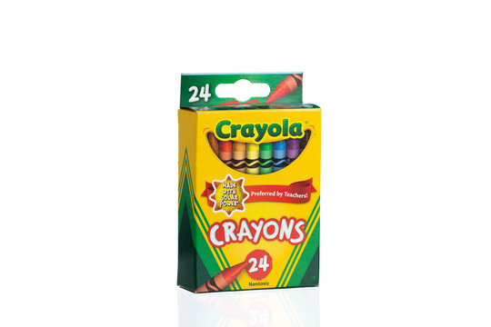 Yerevan Armenia - April 27, 2024: Box of Crayola crayons on a white background.