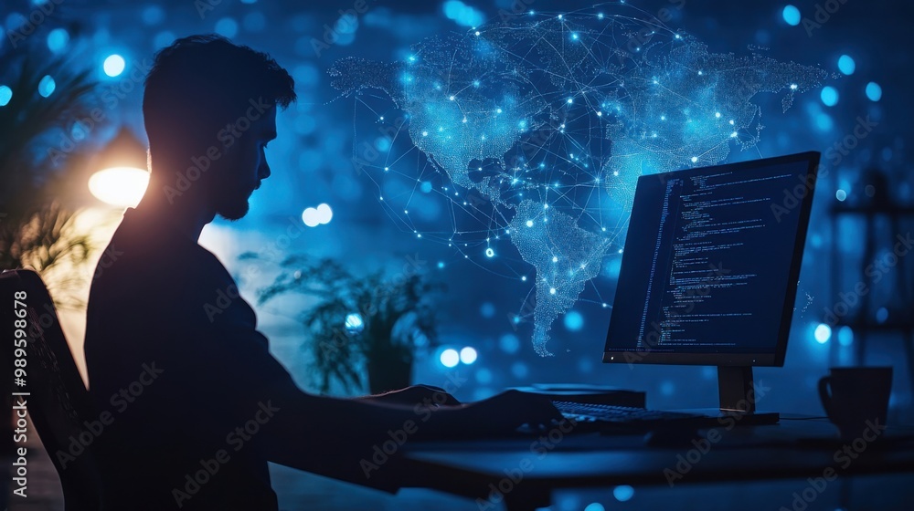 Aufkleber a person works late at night on a computer with glowing code and a digital map in a softly lit offic
