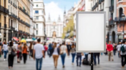 Crowd gathers in a vibrant city square with historic buildings and a large blank billboard in the heart of Madrid during bright daylight