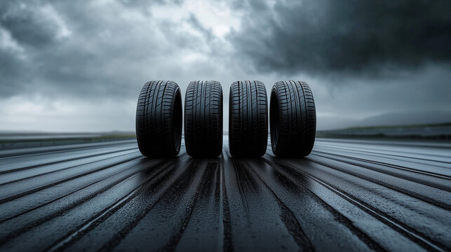 Close-up of four car tires lined up on the highway, cloudy sky, monochrome colors.