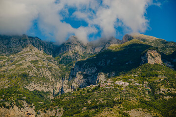 Panoramic landscape of the Amalfi coast. Mountains and clouds