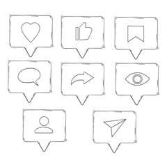 Set of black outline and transparency Social media button, Message, like, send, save icon . Follow, heart, comment, share app interface