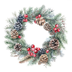 Fototapeta premium Christmas watercolor wreath, Christmas Holly berry, fir branches, cones, rowan, viburnum on a white background