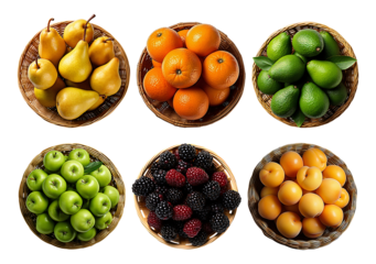 Fruit variety showcased in wicker baskets from a top-down perspective, featuring pears, oranges, avocados, apples, blackberries and apricots against a transparent background