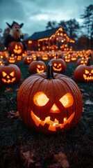 A creepy pumpkin patch at twilight, glowing jack-o'-lanterns with eerie faces, mist creeping between the rows, and a silhouette of a scarecrow coming to life in the background.