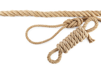 Hemp ropes isolated on white, top view