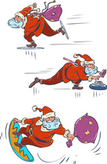 Santa Claus set and winter sports. Outdoor activities for friends on New Year's Eve. Red mascot on the eve of the holiday.