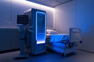 Fototapeta premium Smart clinic remote medication distribution AI handling diagnostics and blockchain integration ensuring secure patient health records in a fully automated system