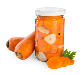 Tasty pickled carrots in jar and fresh ingredients isolated on white