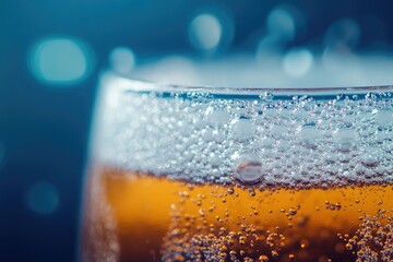 Bubble foam texture on the surface of a carbonated drink, sparkling with tiny bubbles