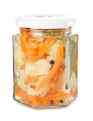 Tasty pickled carrots and cauliflower in jar isolated on white