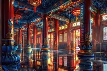 Obraz premium A cozy room with decorative columns and a grandfather clock, perfect for interior design or home decor projects