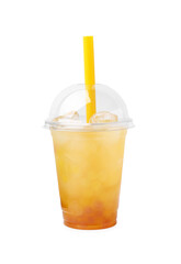 Tasty bubble tea in plastic cup isolated on white