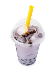 Tasty milk bubble tea in plastic cup isolated on white