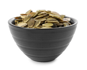 Peeled pumpkin seeds in bowl isolated on white