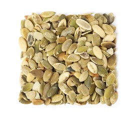 Pile of peeled pumpkin seeds isolated on white, top view