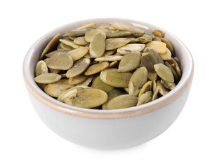 Peeled pumpkin seeds in bowl isolated on white
