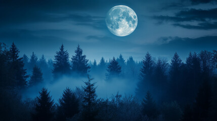 Full Moon Above a Foggy Forest at Night