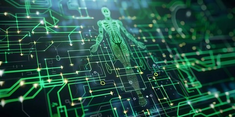 Obraz premium Virtual hospital environment where AI diagnoses prescribes medication using advanced bioscanning tools with blockchainsecured health records for safe data storage