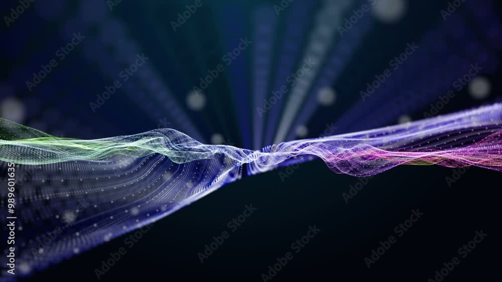 Poster futuristic video animation with particle wave object in slow motion, 4096x2304 loop 4k