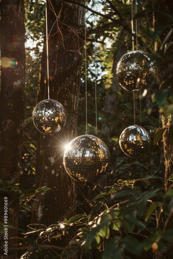 Poster a group of disco balls suspended from a tree branch, reflecting light and adding a touch of glamour 