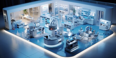 Naklejka premium Virtual hospital room where AI manages patient diagnostics through bioscan instruments automating medication prescriptions ensuring blockchain data security