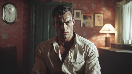 Obraz premium Intense Man in Vintage Room with Clock and Warm Lighting