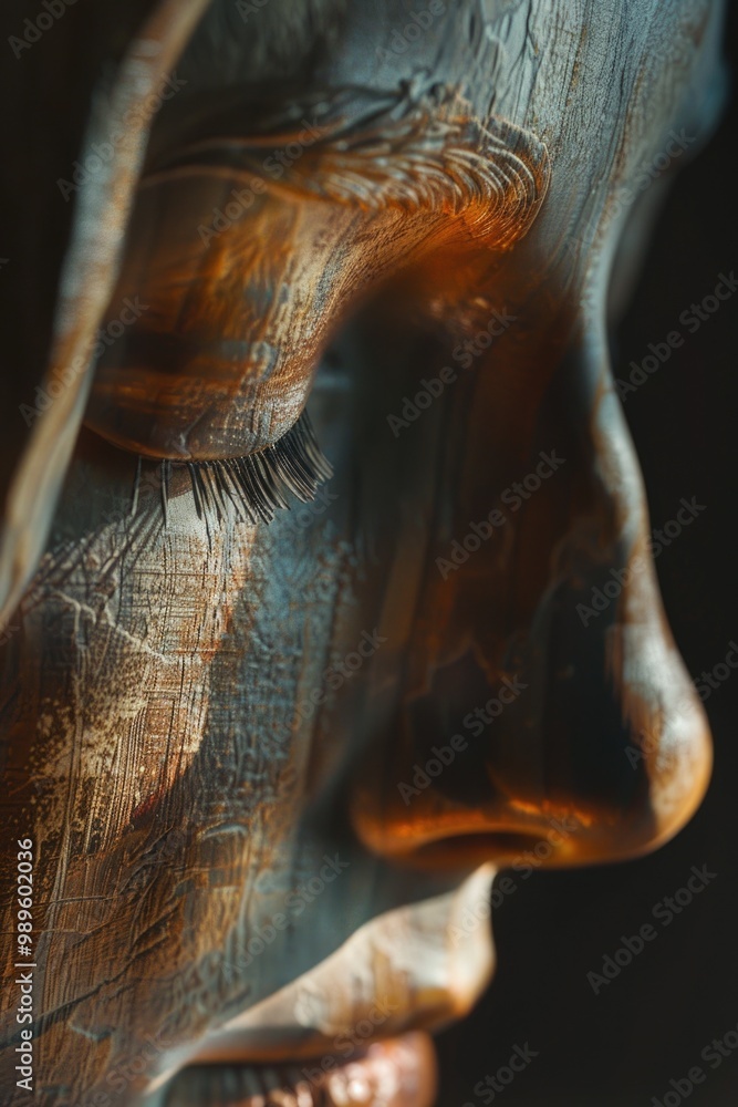 Poster a detailed view of a statue depicting a human face, suitable for use in art or architecture contexts