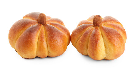 Tasty pumpkin shaped buns isolated on white