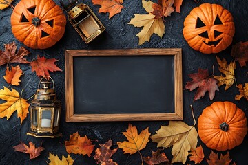 Festive Halloween signboard with a lantern and leaves on a dark board, space for text.