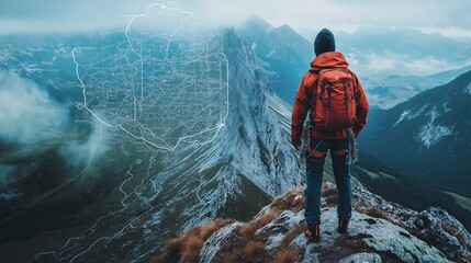 Hiker Plans Route on Mountain Top