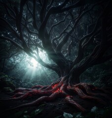 Fototapeta premium Mystical Tree with Glowing Roots in Enchanted Forest at Sunrise