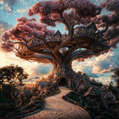 Naklejka premium Fantasy Village with Houses in Majestic Tree at Sunset