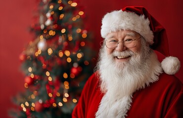 Naklejka premium Santa Claus stand next to the Christmas tree on red background