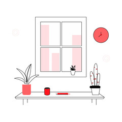 A minimalistic vector illustration of a desk with potted plants, a window, and basic decor elements. Suitable for home office or interior design content...