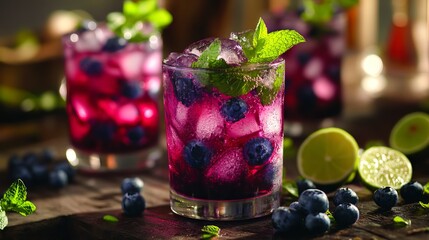 Indulge in the tantalizing flavors of a refreshing mojito and its delectable blueberry variation. These invigorating concoctions promise to quench your thirst