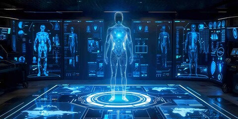 Aidriven medical coding system visualized a futuristic holographic interface automating the classification of diagnoses and procedures for accurate billing and records