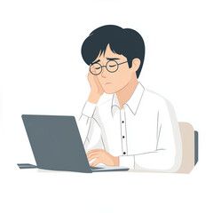 Tired Asian Worker Experiencing Eye Pain While Working Late In Office, Serious And Concentrated Businessman In Glasses Using Laptop.