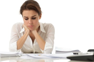 Obraz premium A woman sits at a desk, lost in thought, with her hands resting on her chin