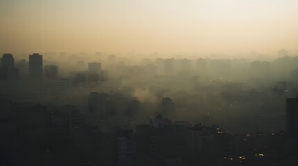 Fototapeta premium A city skyline obscured by a dense smog visibility drastically reduced.