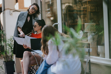 Three businesswomen holding an informal meeting outside a cafe. They are reviewing documents while engaging in a productive discussion.