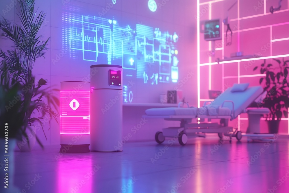 Poster aidriven pill dispenser a futuristic hospital setting with medical instruments and blockchainsecured