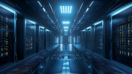 Fototapeta premium a perspective view of a data center with rows of server racks. The lighting is dim with blue tones, and the floor has perforated tiles likely for cooling purposes