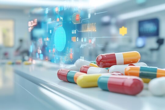 Aidriven pill dispenser a futuristic hospital setting with medical instruments and blockchainsecured patient data being displayed on a holographic wall